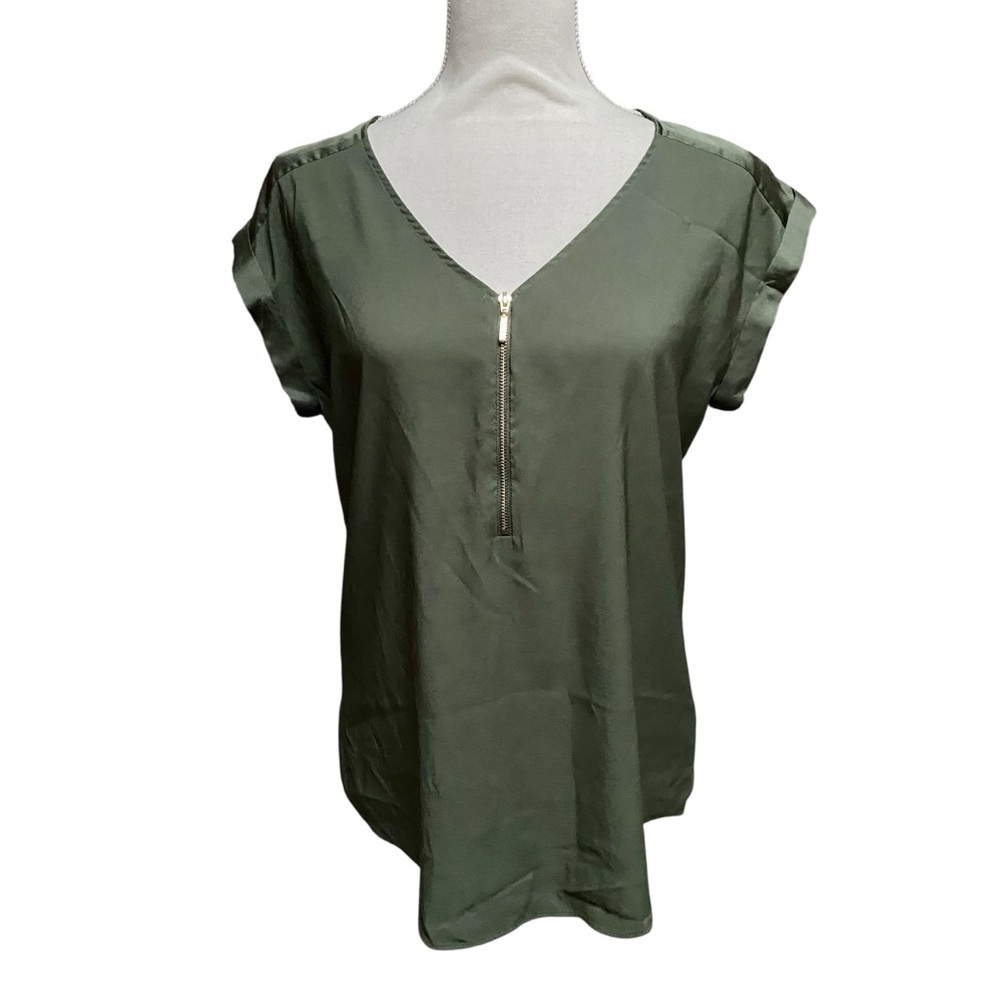 Express Olive Green Zip Front Blouse Short Sleeve Top Medium